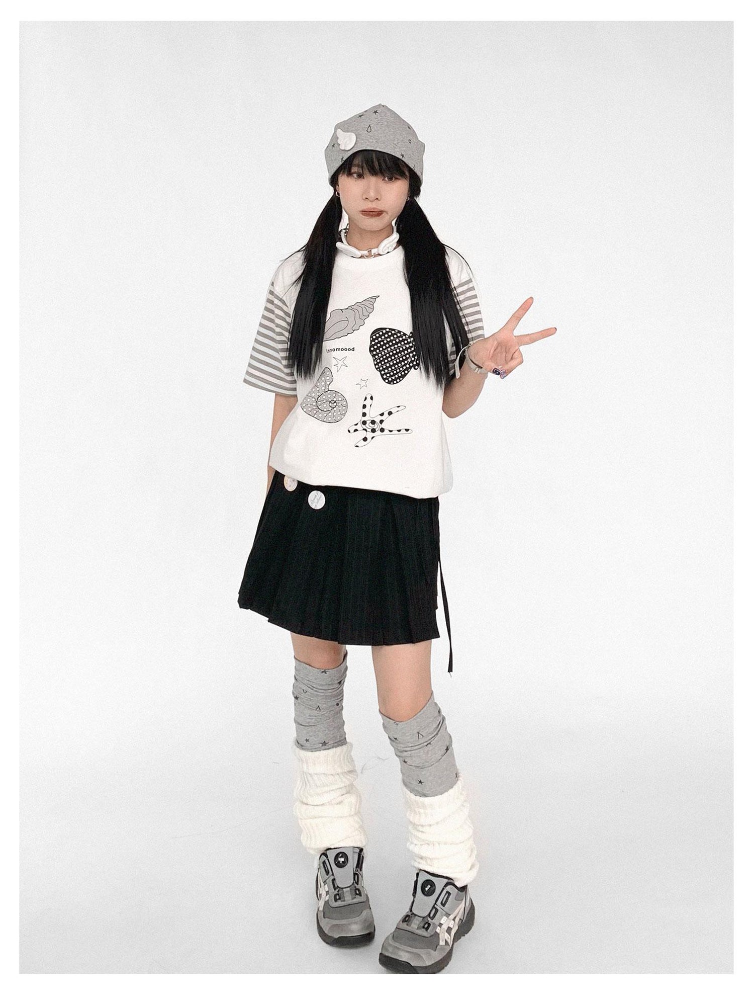 innomoood Pleated Stripe Wrap Skirt With Detachable Layering Panel
