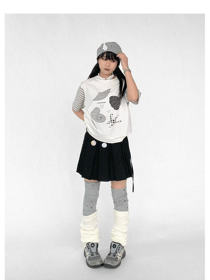 Pleated Stripe Wrap Skirt With Detachable Layering Panel