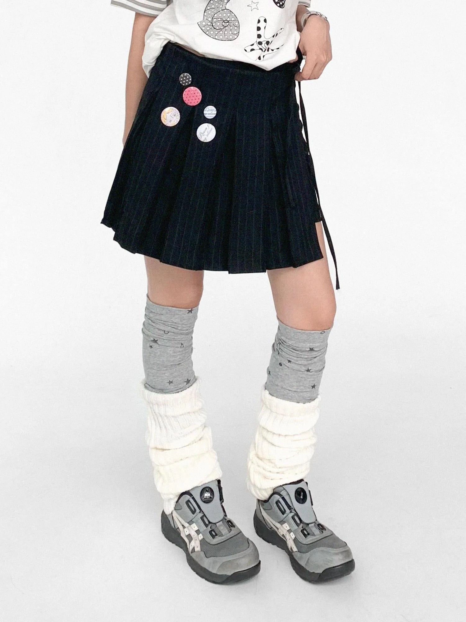 Pleated Stripe Wrap Skirt With Detachable Layering Panel