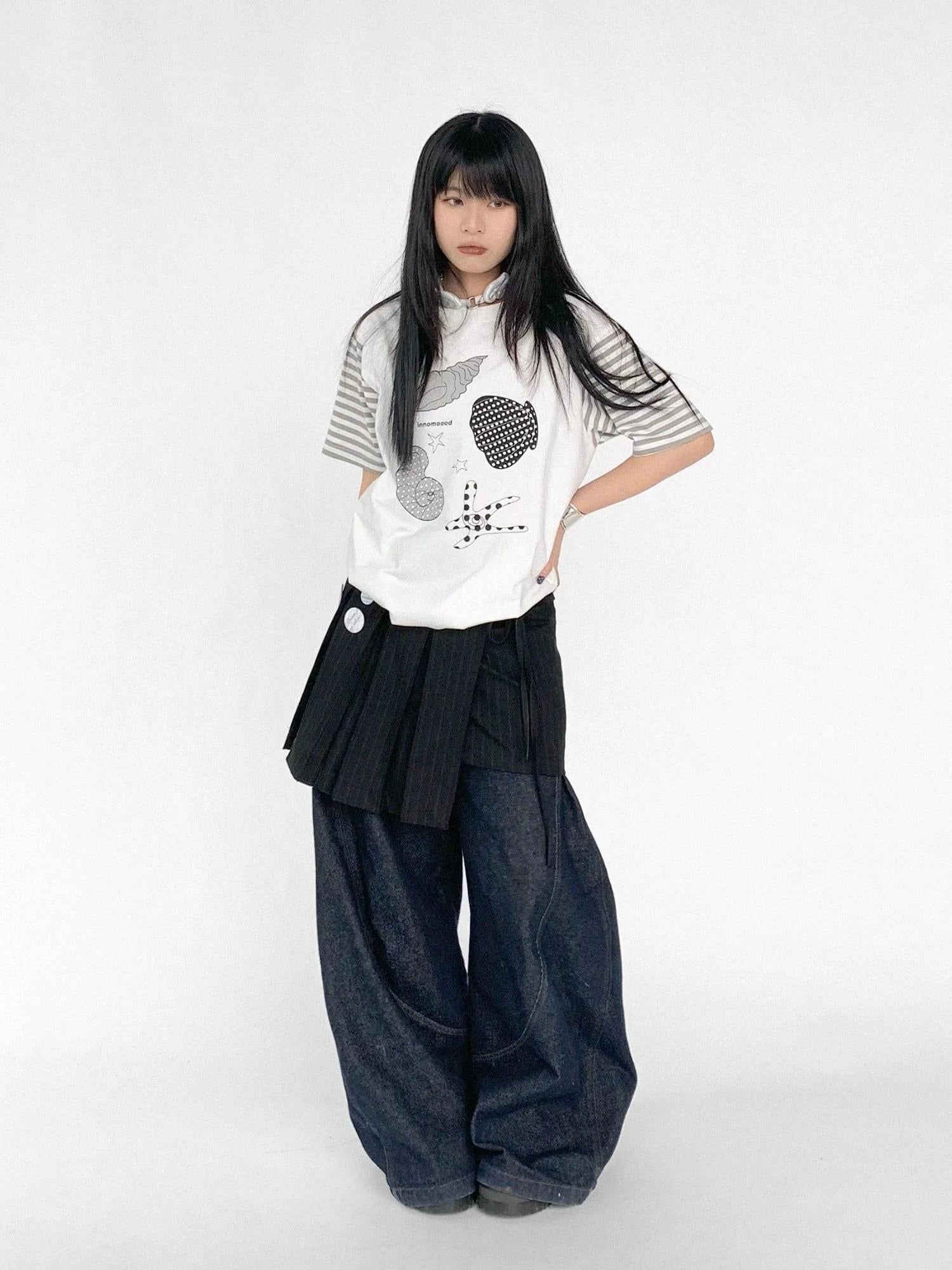 Pleated Stripe Wrap Skirt With Detachable Layering Panel