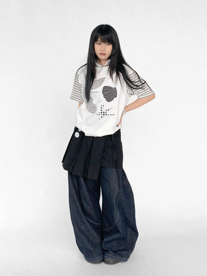 Pleated Stripe Wrap Skirt With Detachable Layering Panel