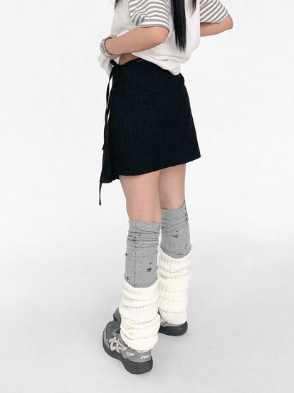 innomoood Pleated Stripe Wrap Skirt With Detachable Layering Panel