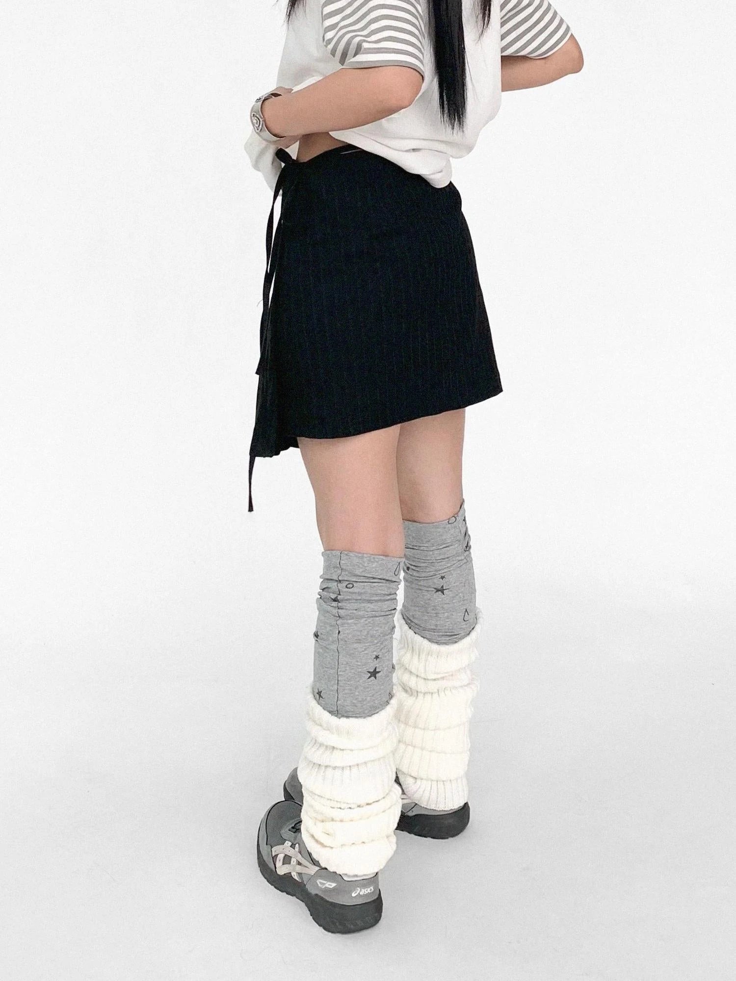 Pleated Stripe Wrap Skirt With Detachable Layering Panel