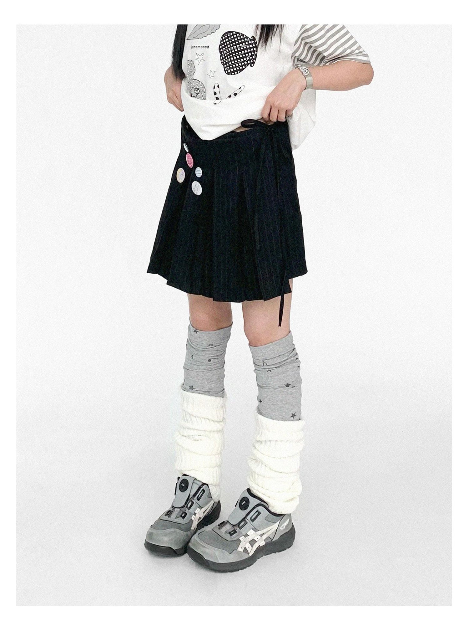 innomoood Pleated Stripe Wrap Skirt With Detachable Layering Panel