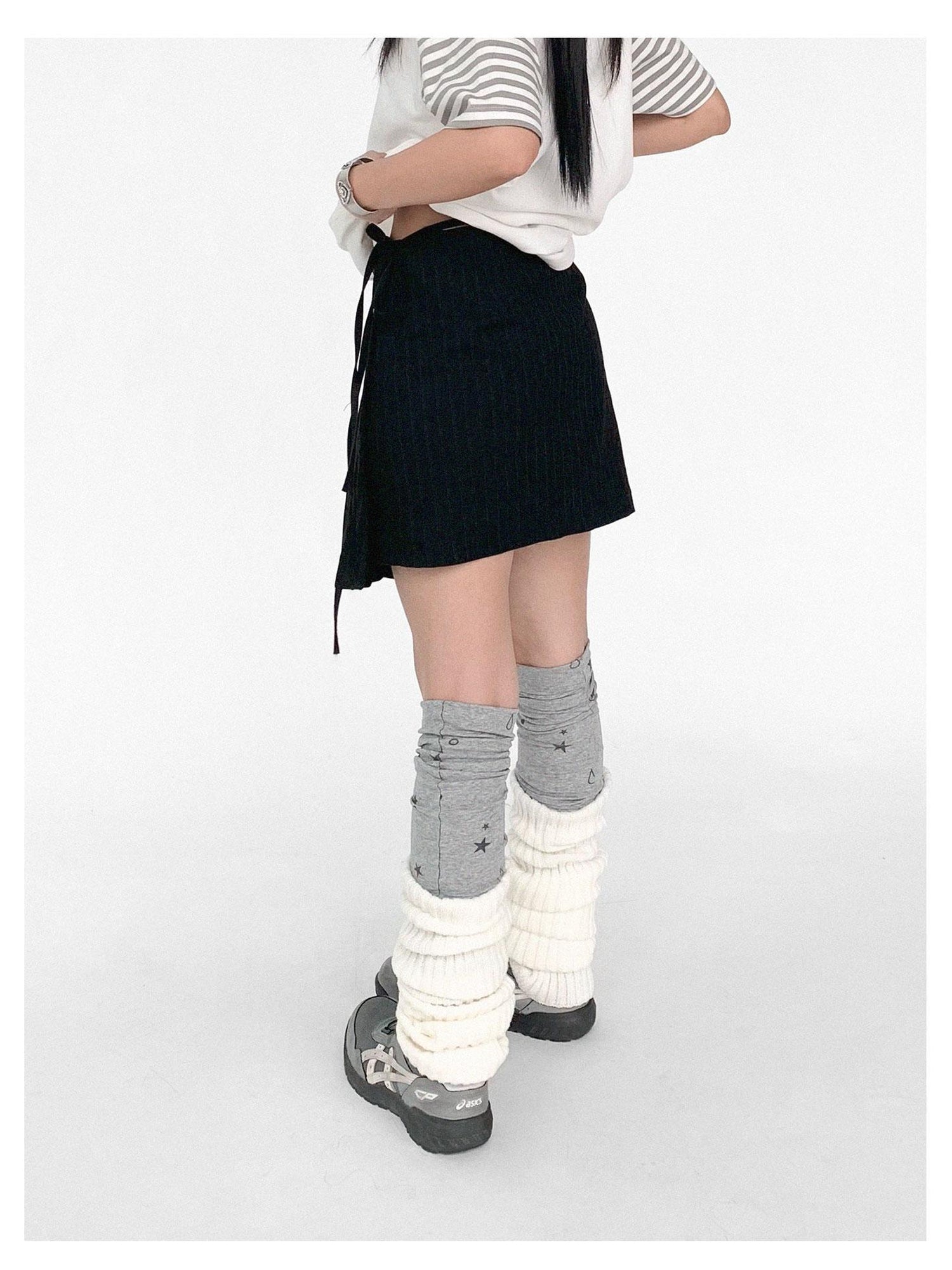 innomoood Pleated Stripe Wrap Skirt With Detachable Layering Panel