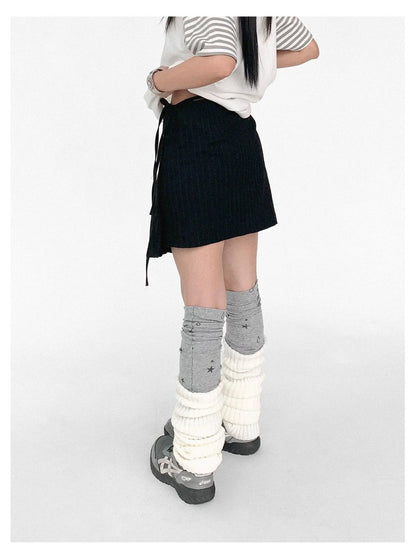 Pleated Stripe Wrap Skirt With Detachable Layering Panel