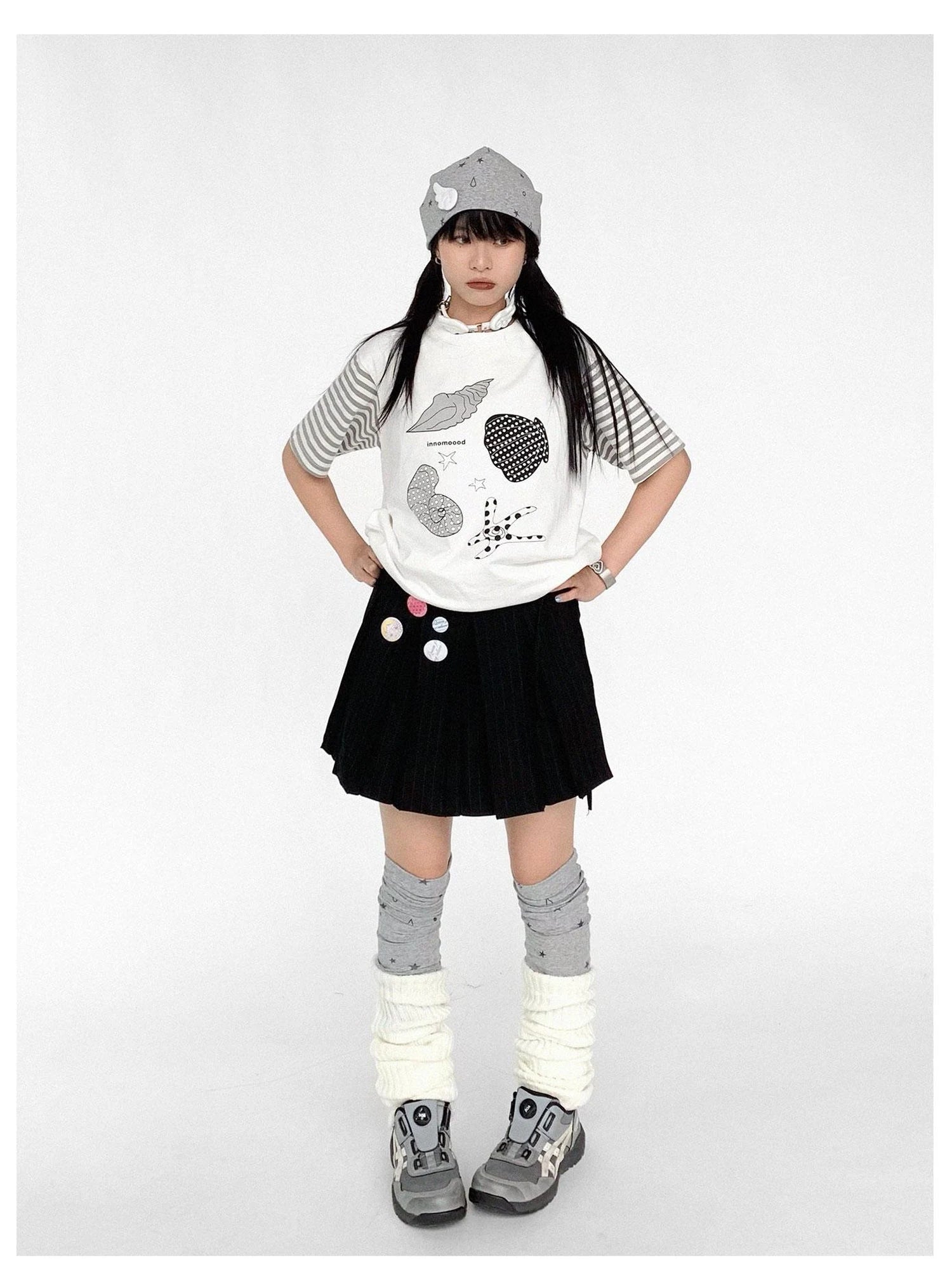 Pleated Stripe Wrap Skirt With Detachable Layering Panel