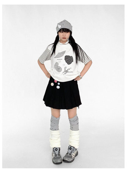 Pleated Stripe Wrap Skirt With Detachable Layering Panel