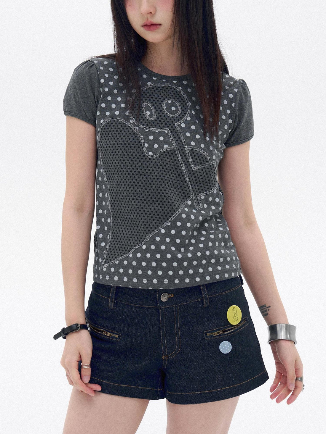 innomoood Polka Dot Heart Applique Puff Sleeve Women&