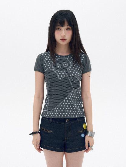 innomoood Polka Dot Heart Applique Puff Sleeve Women&