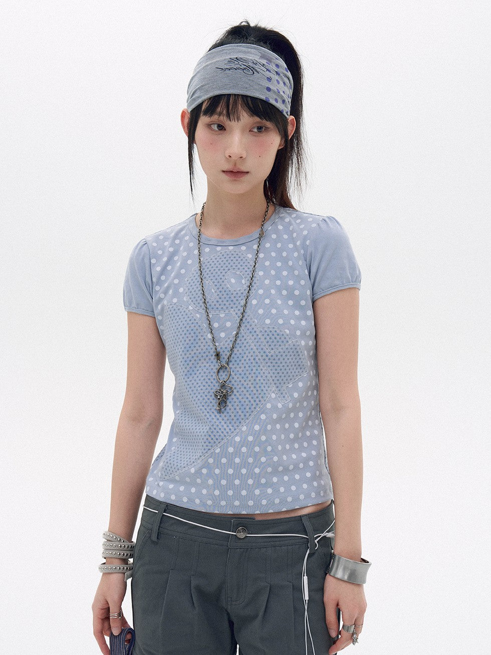 innomoood Polka Dot Heart Applique Puff Sleeve Women&