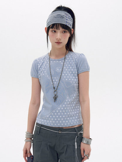 innomoood Polka Dot Heart Applique Puff Sleeve Women&