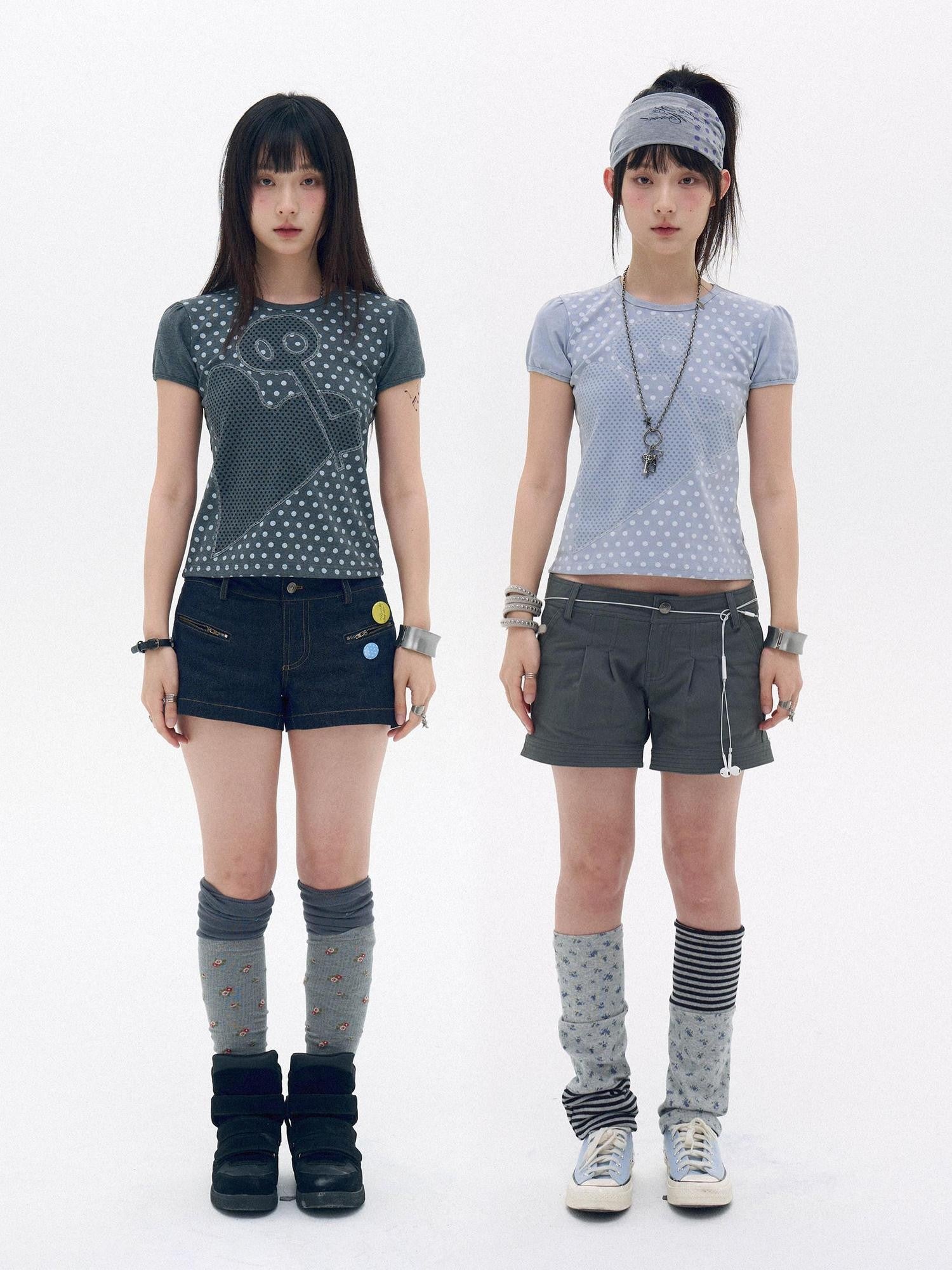 innomoood Polka Dot Heart Applique Puff Sleeve Women&