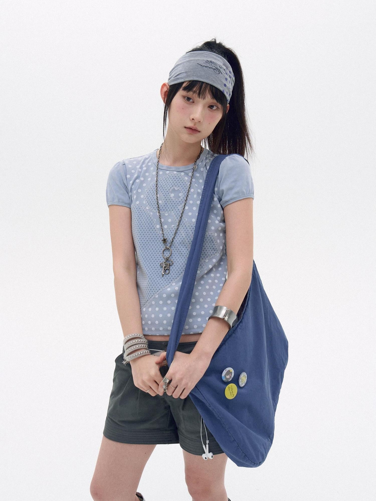 innomoood Polka Dot Heart Applique Puff Sleeve Women&