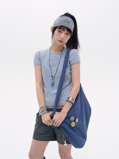 innomoood Polka Dot Heart Applique Puff Sleeve Women&