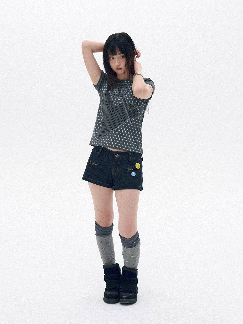 innomoood Polka Dot Heart Applique Puff Sleeve Women&