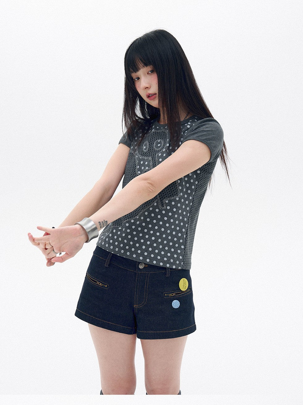 innomoood Polka Dot Heart Applique Puff Sleeve Women&