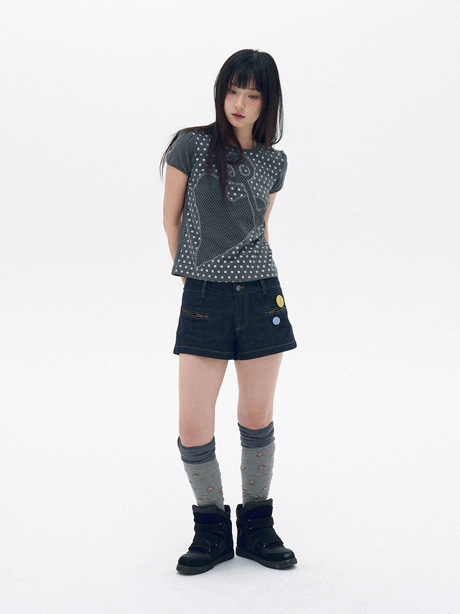 innomoood Polka Dot Heart Applique Puff Sleeve Women&
