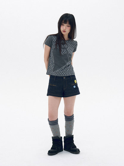 innomoood Polka Dot Heart Applique Puff Sleeve Women&