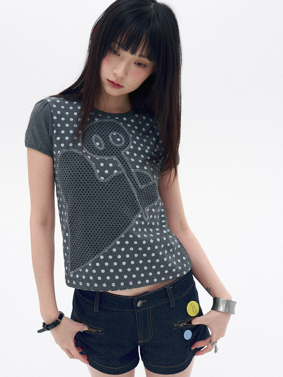 innomoood Polka Dot Heart Applique Puff Sleeve Women&