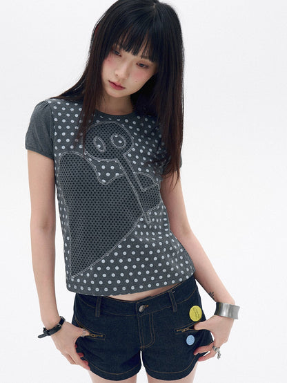 innomoood Polka Dot Heart Applique Puff Sleeve Women&