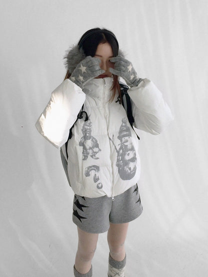 innomoood Polyester Filled Loose Cartoon Stand Collar Women Nylon Snow White Puffer Jacket