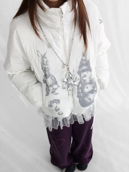 innomoood Polyester Filled Loose Cartoon Stand Collar Women Nylon Snow White Puffer Jacket