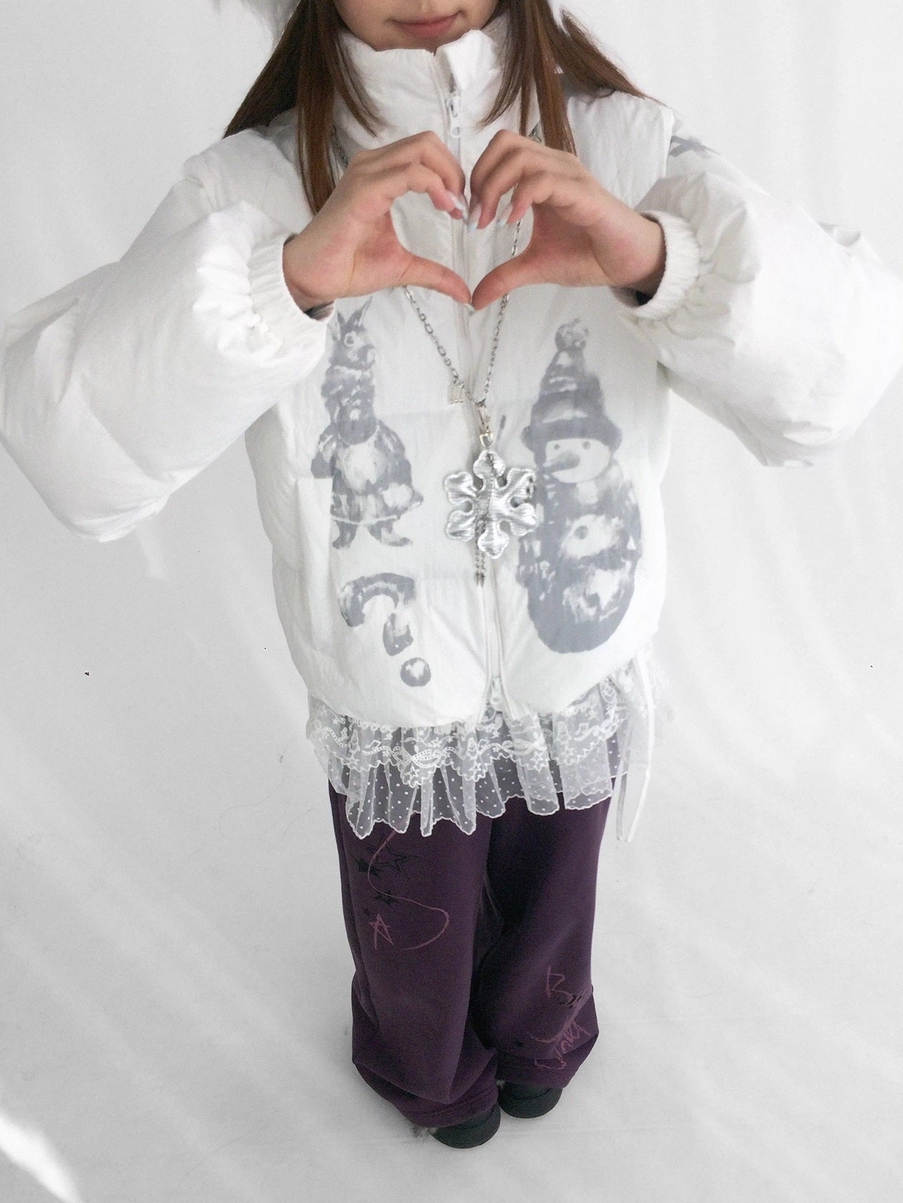 innomoood Polyester Filled Loose Cartoon Stand Collar Women Nylon Snow White Puffer Jacket