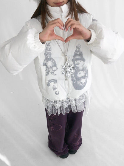 innomoood Polyester Filled Loose Cartoon Stand Collar Women Nylon Snow White Puffer Jacket