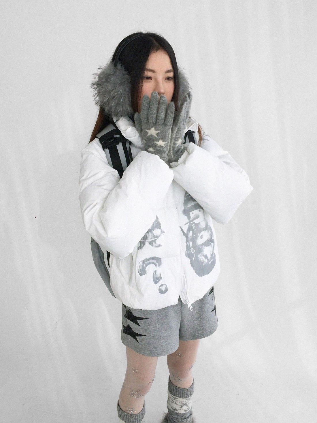 innomoood Polyester Filled Loose Cartoon Stand Collar Women Nylon Snow White Puffer Jacket