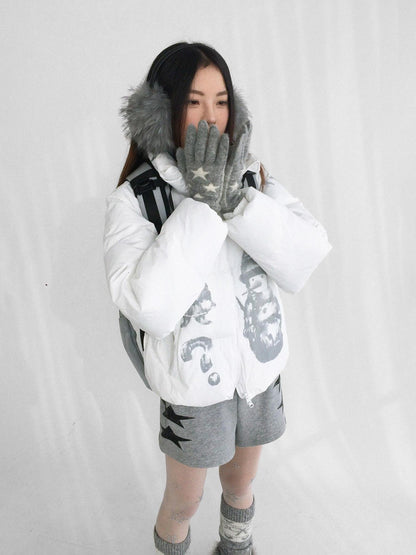 innomoood Polyester Filled Loose Cartoon Stand Collar Women Nylon Snow White Puffer Jacket