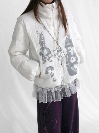 innomoood Polyester Filled Loose Cartoon Stand Collar Women Nylon Snow White Puffer Jacket