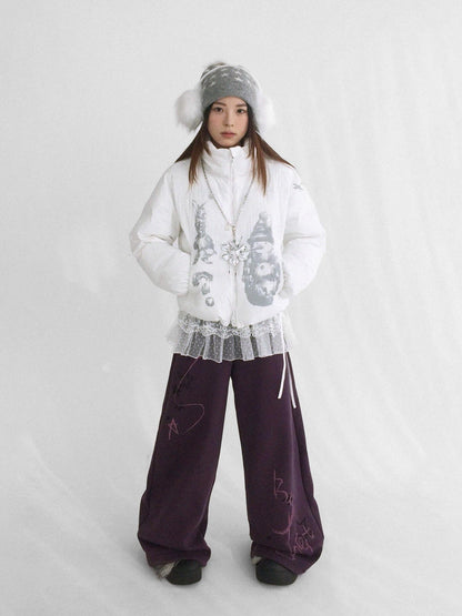 innomoood Polyester Filled Loose Cartoon Stand Collar Women Nylon Snow White Puffer Jacket