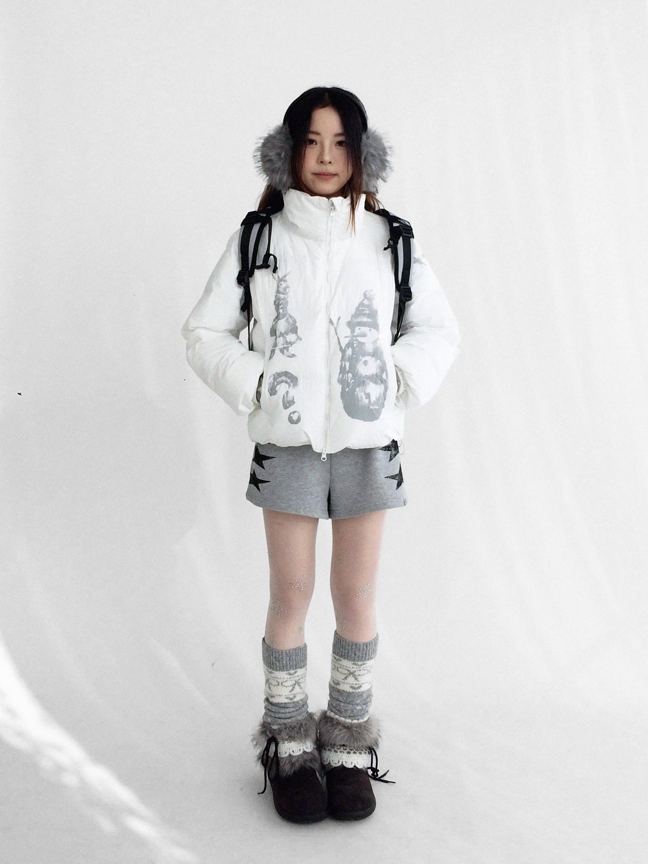 innomoood Polyester Filled Loose Cartoon Stand Collar Women Nylon Snow White Puffer Jacket