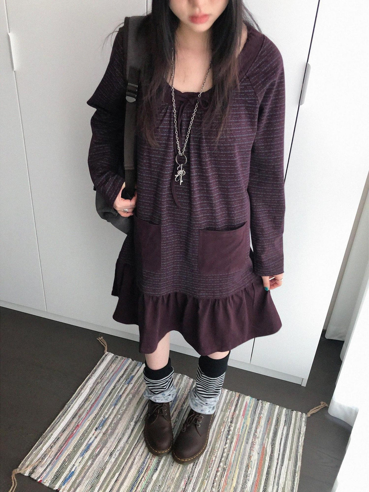 innomoood Print Ruched Long Sleeve Raglan A Line Women&