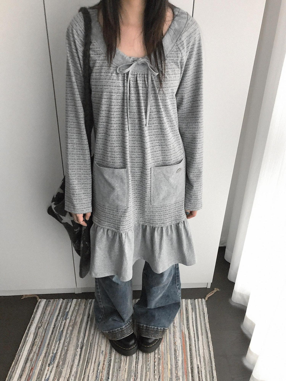 innomoood Print Ruched Long Sleeve Raglan A Line Women&