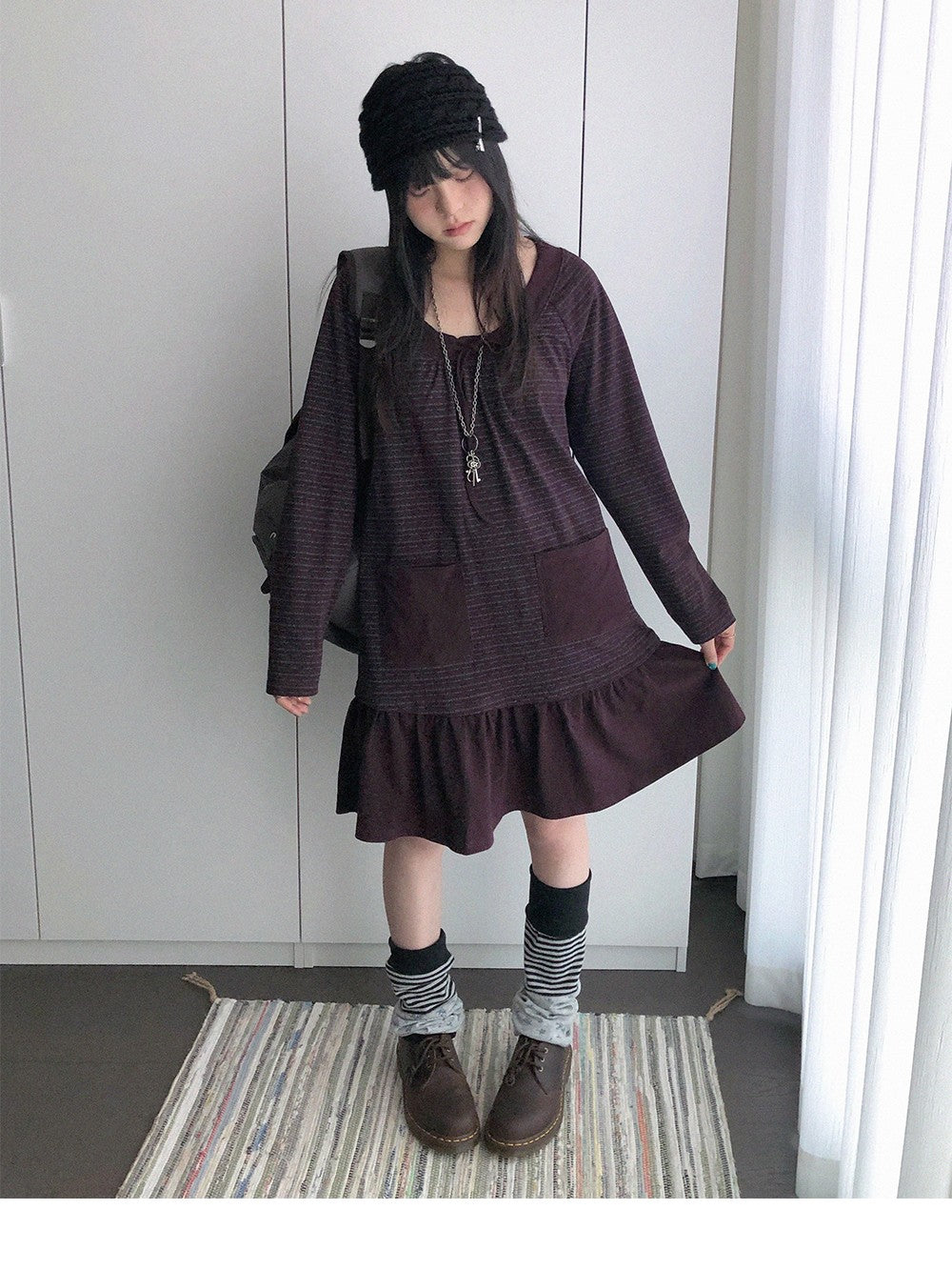 innomoood Print Ruched Long Sleeve Raglan A Line Women&
