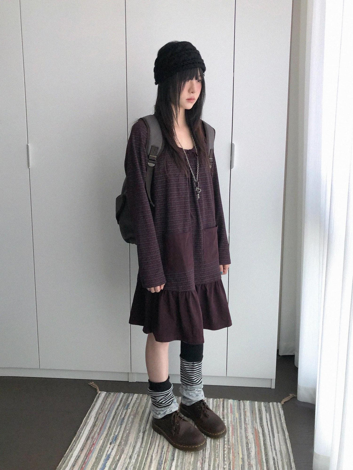 innomoood Print Ruched Long Sleeve Raglan A Line Women&