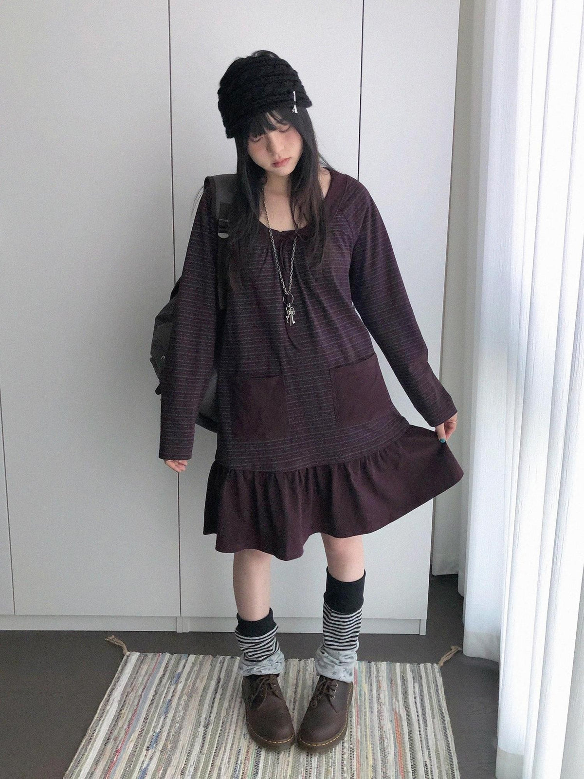 innomoood Print Ruched Long Sleeve Raglan A Line Women&