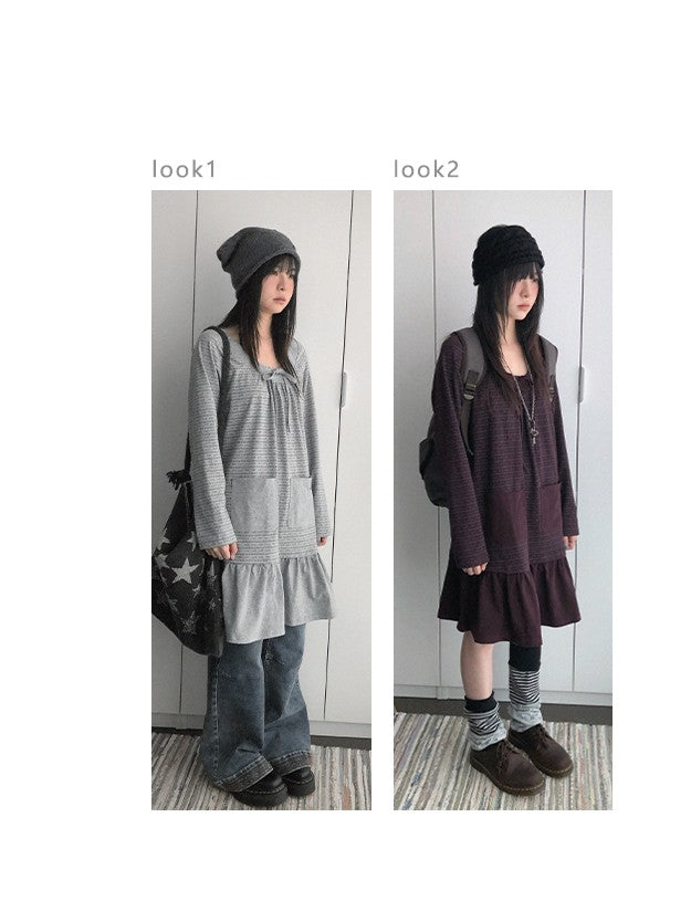 innomoood Print Ruched Long Sleeve Raglan A Line Women&
