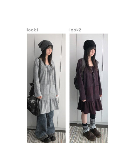 innomoood Print Ruched Long Sleeve Raglan A Line Women&