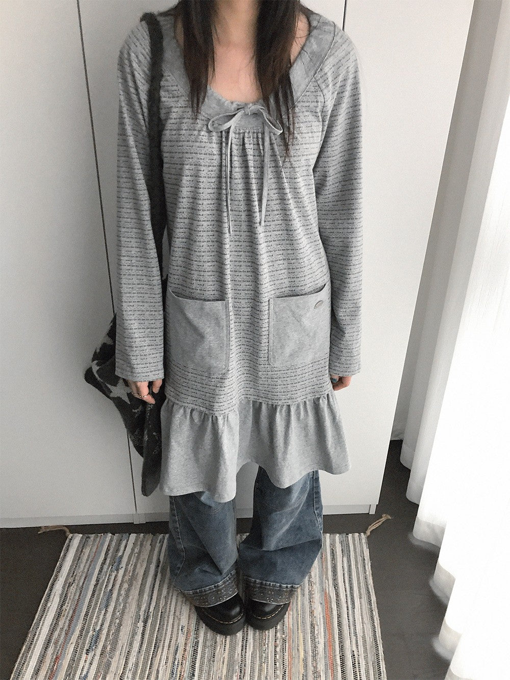 innomoood Print Ruched Long Sleeve Raglan A Line Women&