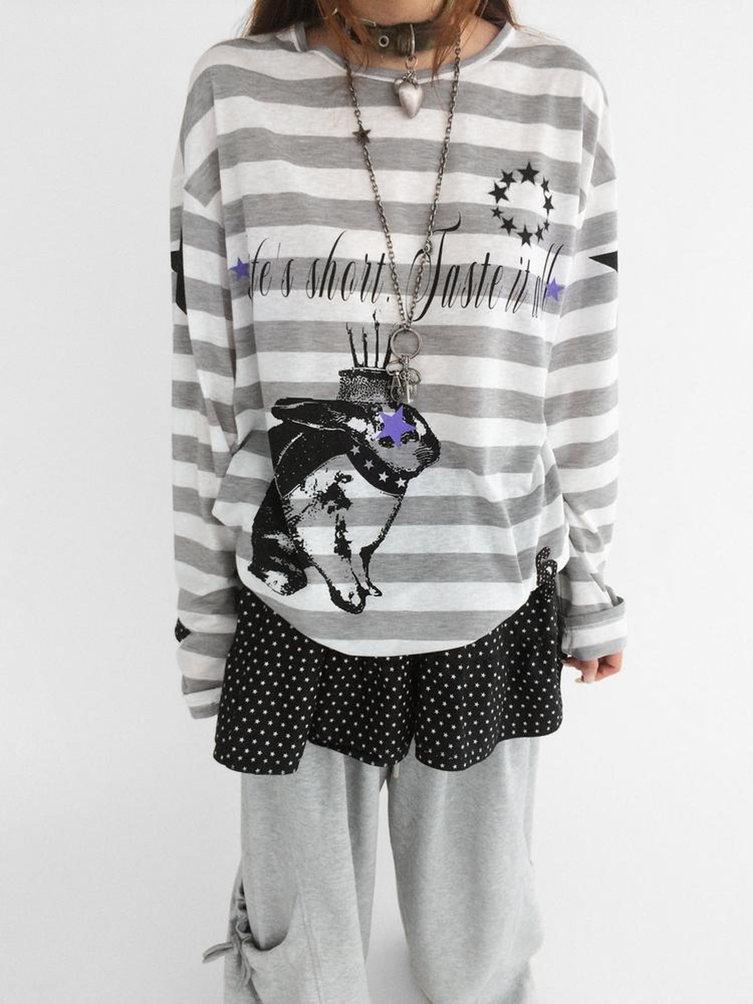innomoood Rabbit Birthday Print Striped Tencel Long Sleeve Tee