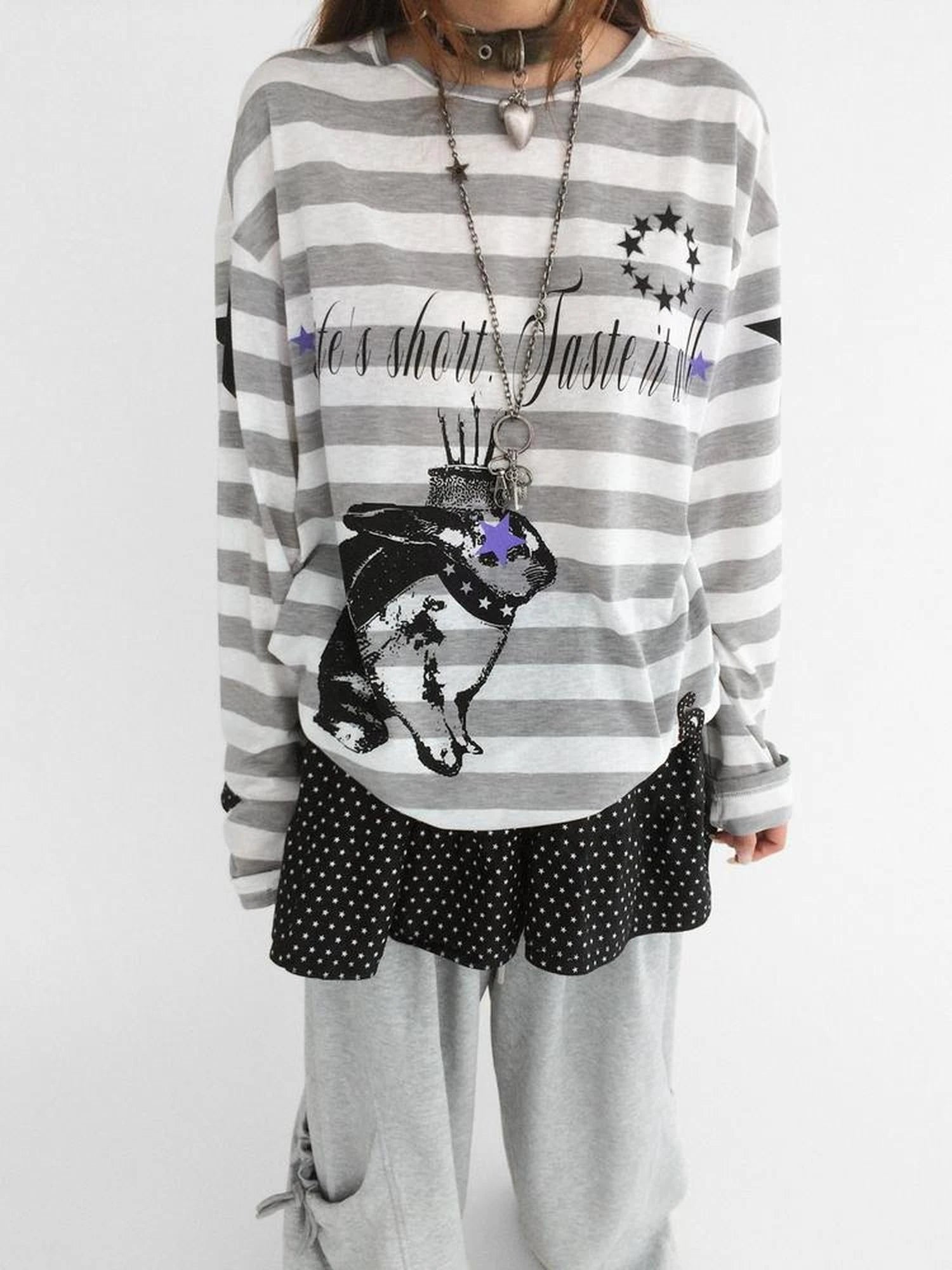 Rabbit Birthday Print Striped Tencel Long Sleeve Tee