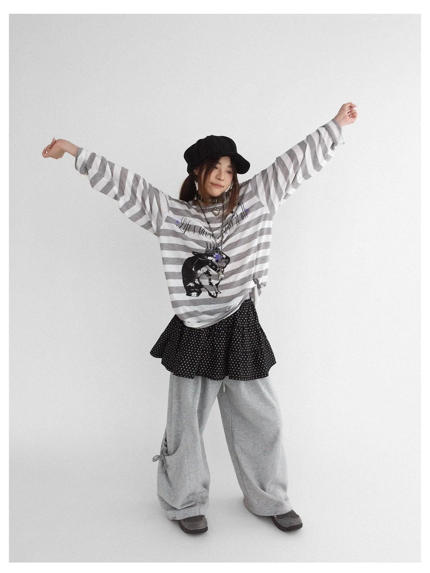 Rabbit Birthday Print Striped Tencel Long Sleeve Tee