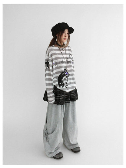 innomoood Rabbit Birthday Print Striped Tencel Long Sleeve Tee