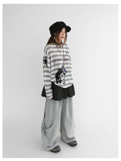 Rabbit Birthday Print Striped Tencel Long Sleeve Tee