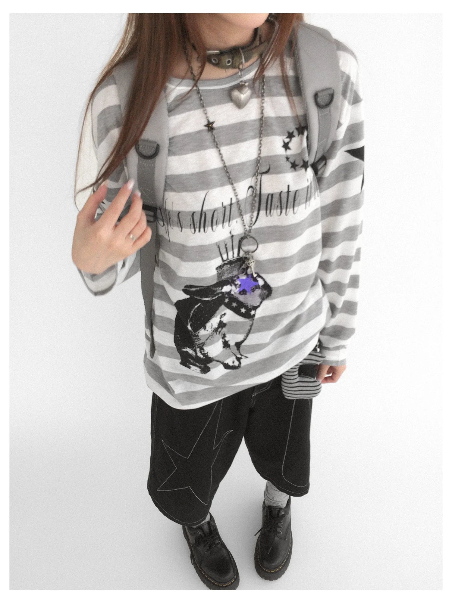Rabbit Birthday Print Striped Tencel Long Sleeve Tee