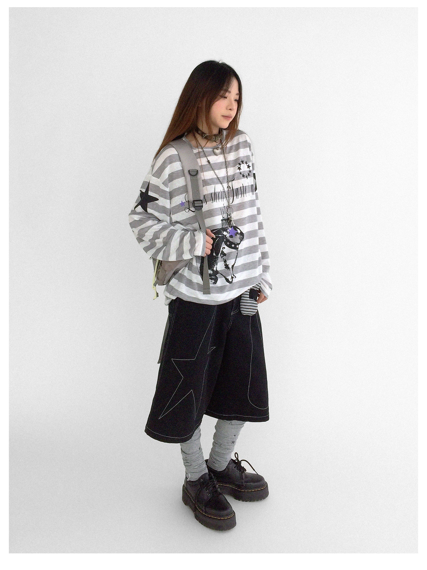 innomoood Rabbit Birthday Print Striped Tencel Long Sleeve Tee