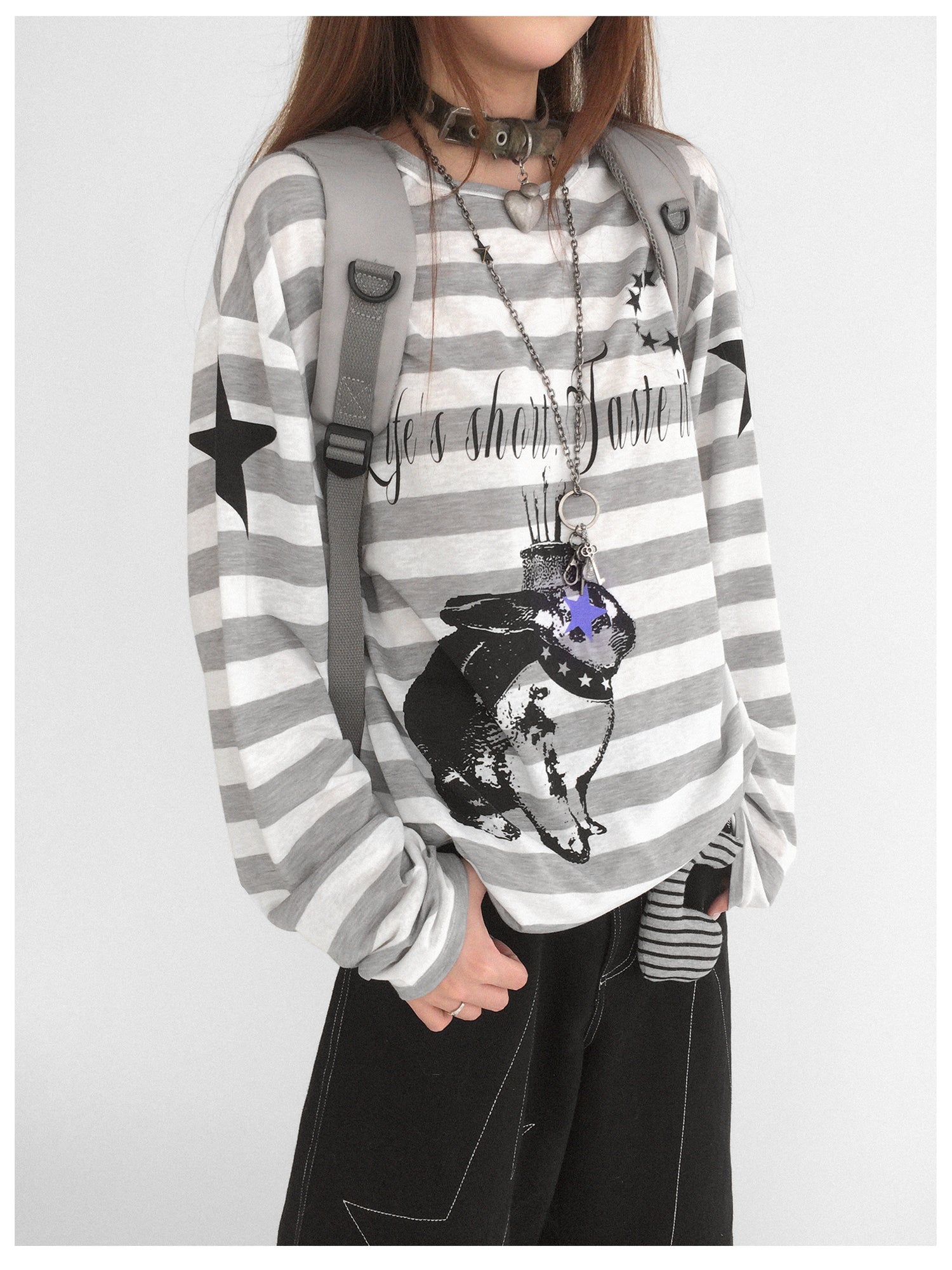 innomoood Rabbit Birthday Print Striped Tencel Long Sleeve Tee